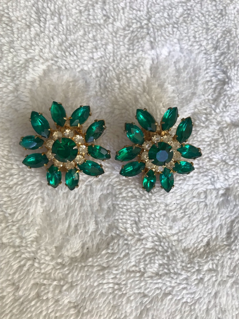 Emerald Green Crystal Flower Clip-On Earrings